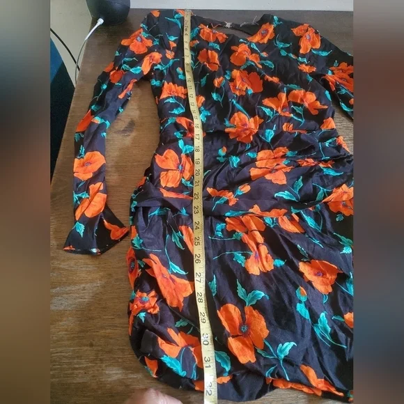 Zara Open Back Long Sleeve Ruched Mini Dress Black Orange Floral Print Size Med - Picture 14 of 15